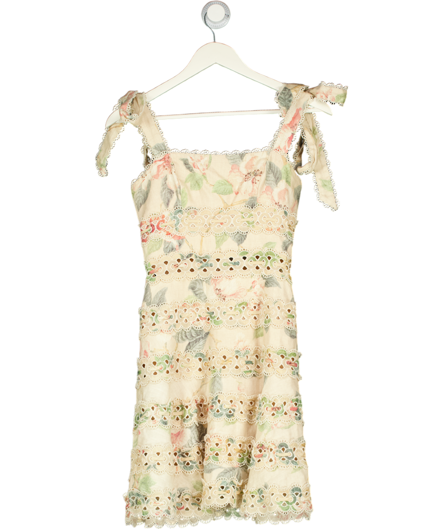 Zimmermann Nude Liene Floral Scalloped Lace Trim Mini Dress Sz0 UK 6