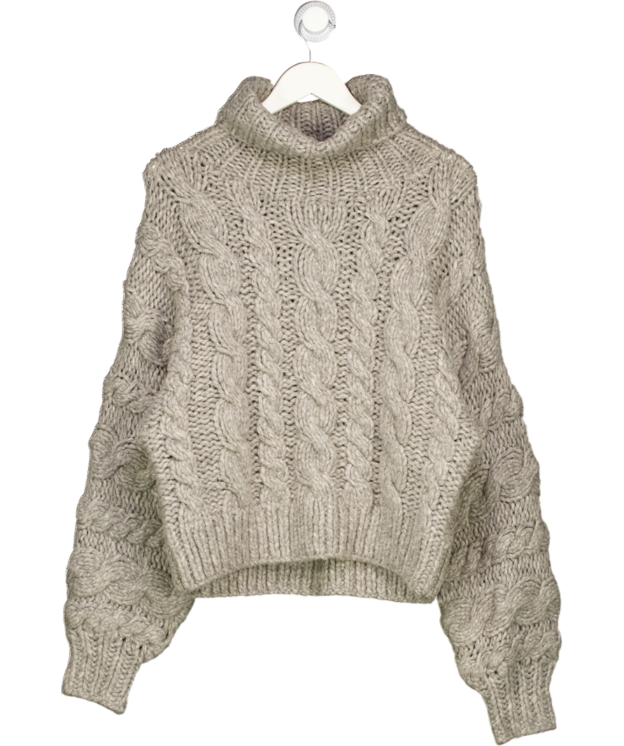 ARRANGE Beige Hand Knit Cable High Neck Jumper In Grey UK XS