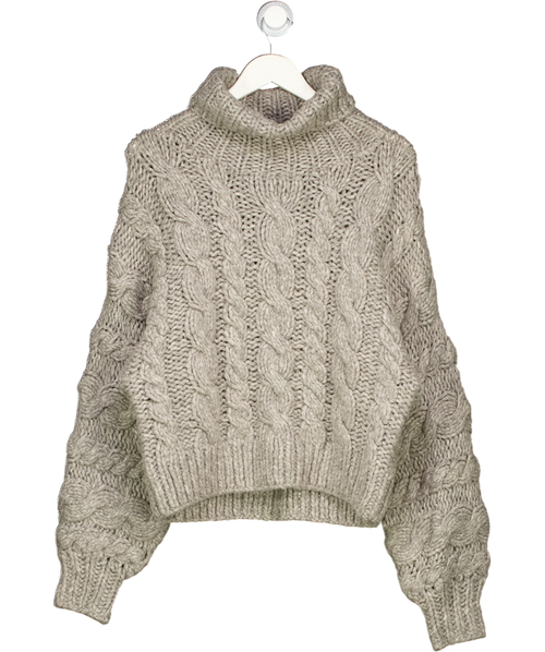 ARRANGE Beige Hand Knit Cable High Neck Jumper In Grey UK XS
