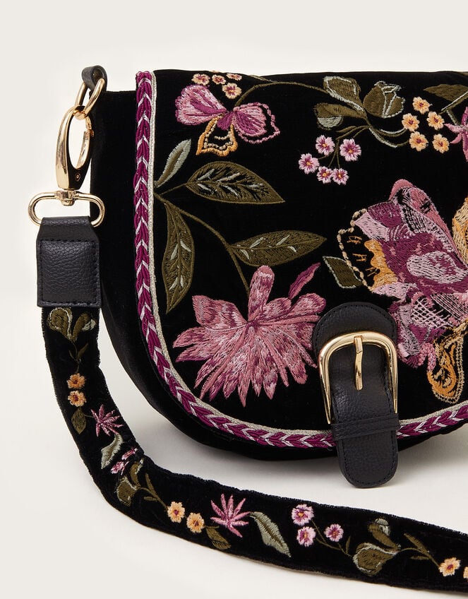 Monsoon Freya Embroidered Velvet Saddle Bag Black