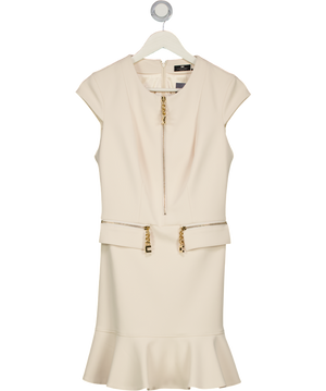 ELISABETTA FRANCHI Cream / Gold Chain Detail Crepe Peplum Hem Mini Dress UK 10