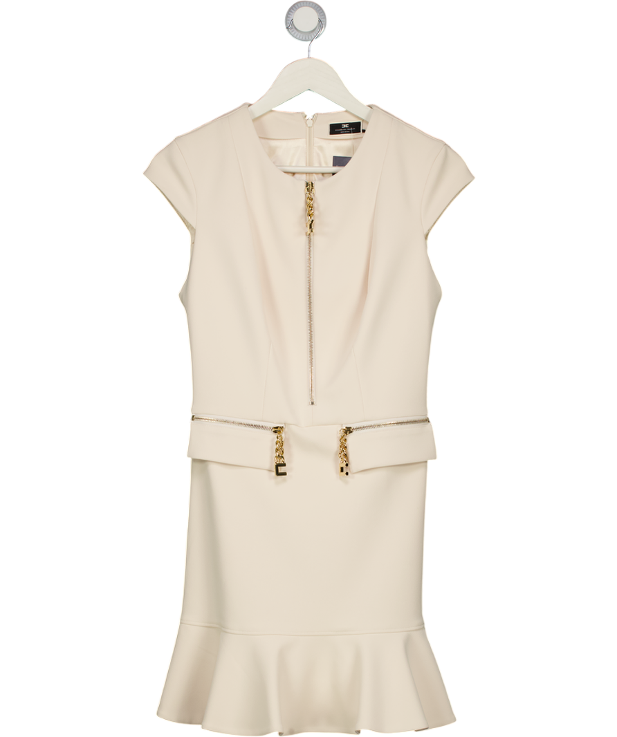 ELISABETTA FRANCHI Cream / Gold Chain Detail Crepe Peplum Hem Mini Dress UK 10