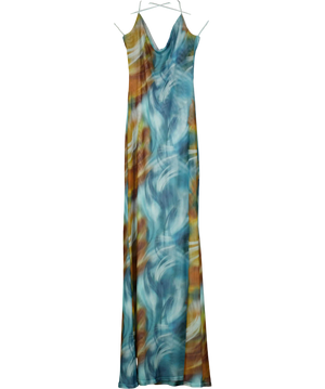 GRACE JACOB Blue & Brown Printed Mesh Backless Halter Neck Dress UK XS