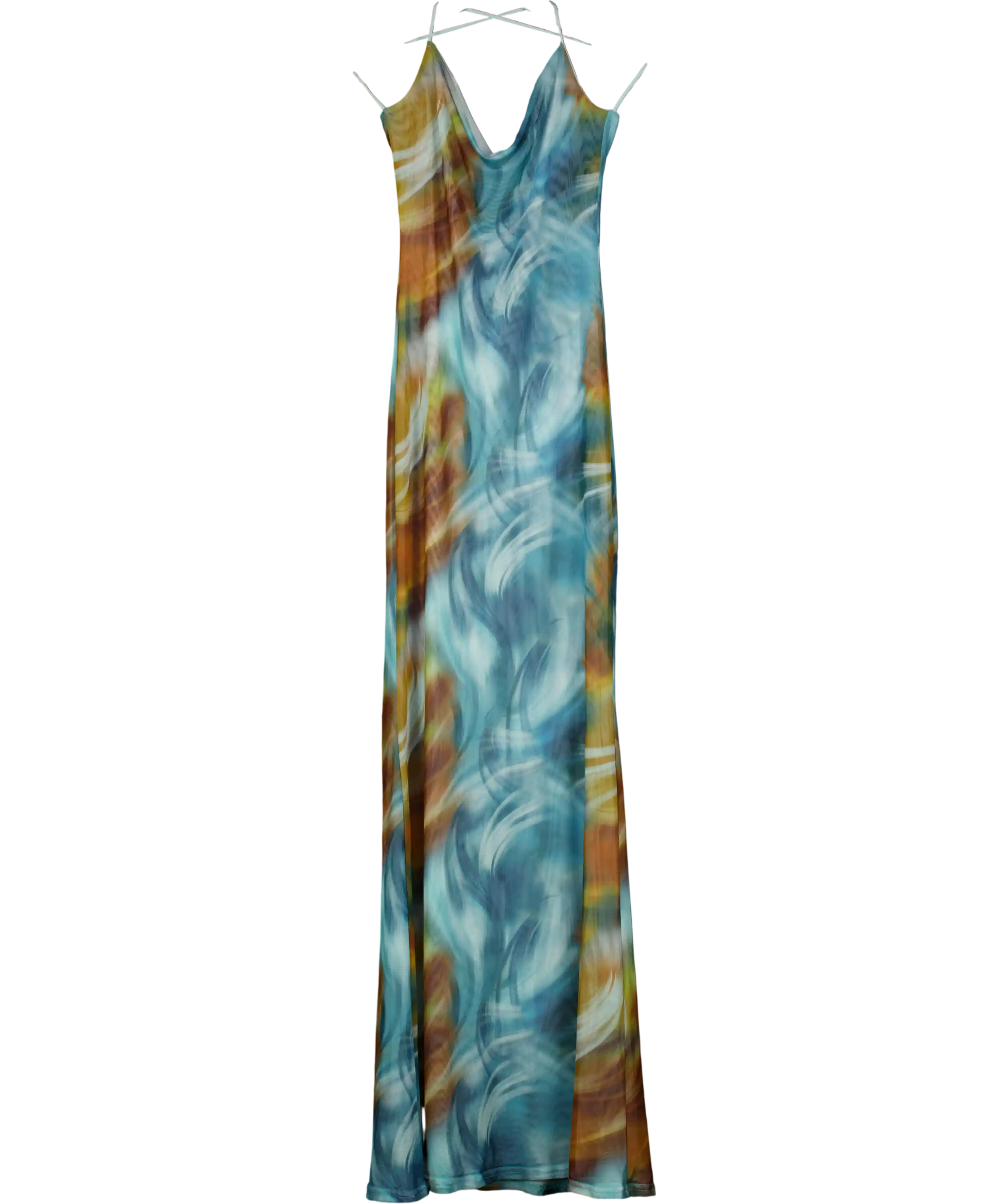 GRACE JACOB Blue & Brown Printed Mesh Backless Halter Neck Dress UK XS