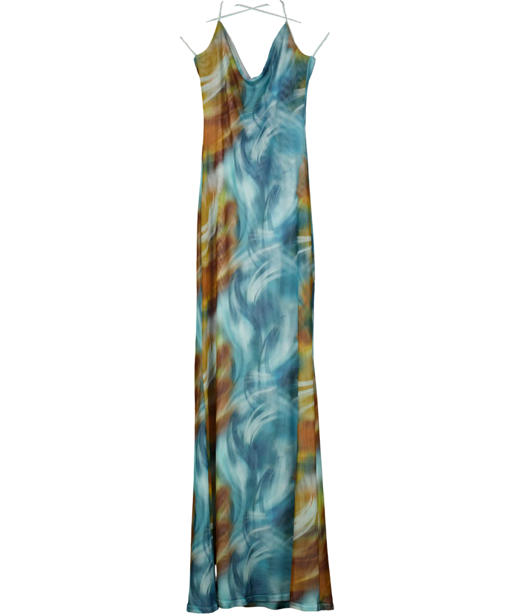 GRACE JACOB Blue & Brown Printed Mesh Backless Halter Neck Dress UK XS