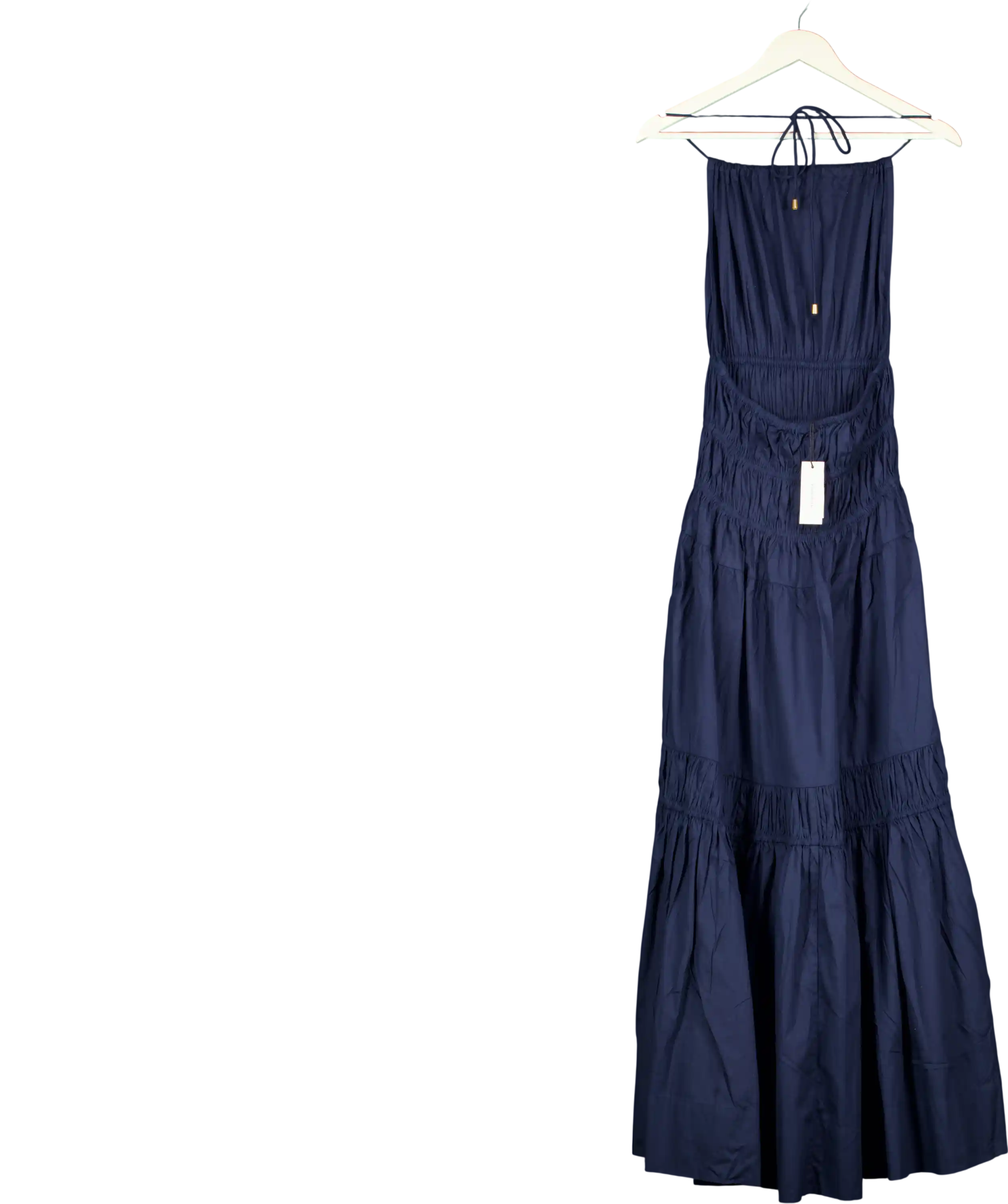 KAREN MILLEN Navy Blue Shirred Cotton Tiered Halter Neck Woven Maxi Dress UK 6