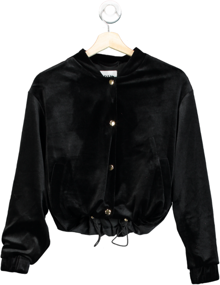 ZARA Black Velvet Cropped Popper Jacket UK S
