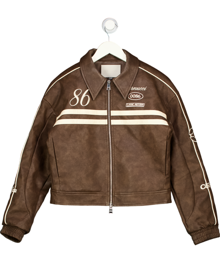 CERNUCCI Brown Pu Moto Badge Harrington Jacket UK S