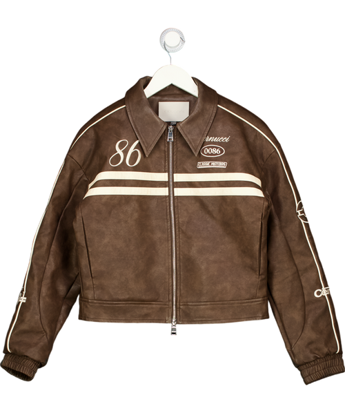 CERNUCCI Brown Pu Moto Badge Harrington Jacket UK S