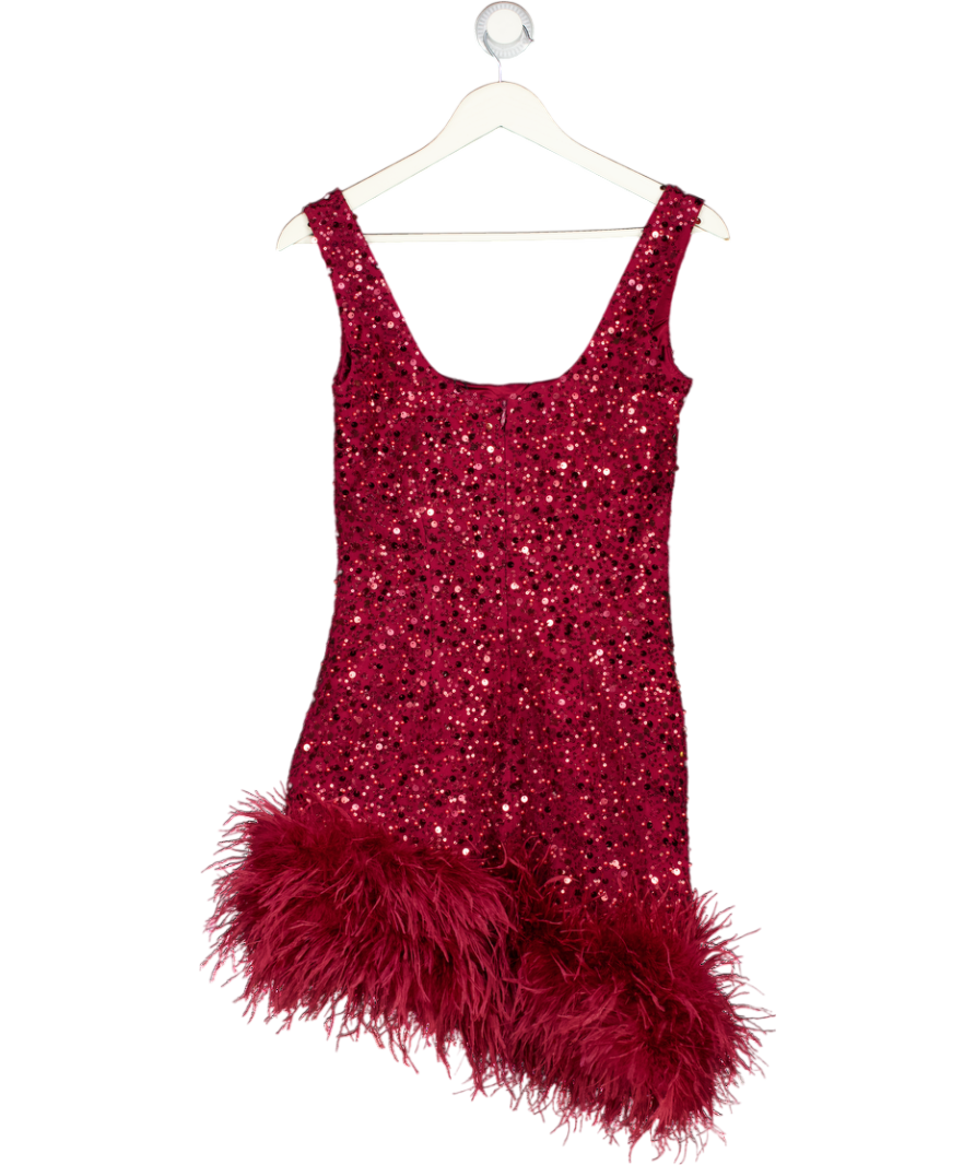 NADINE MERABI Red Beaded Sequin Feather Trim Evie Dress UK S/M