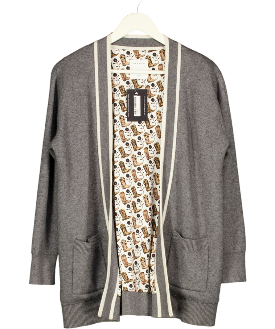 SANDRO Contrast Stripe Trim Woven Cardigan In Grey Sz0 UK XS