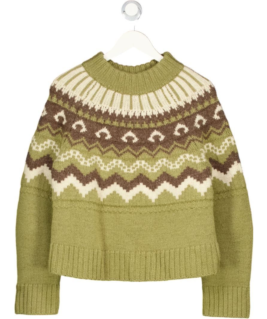 HERD 100% Bfl Wool Fleetwood Jumper In Moss Green With Ecru & Peat UK XS