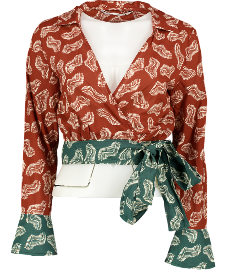 ZARA Rust Brown / Green Printed 100% Cotton Wrap Top UK M