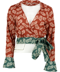 ZARA Rust Brown / Green Printed 100% Cotton Wrap Top UK M