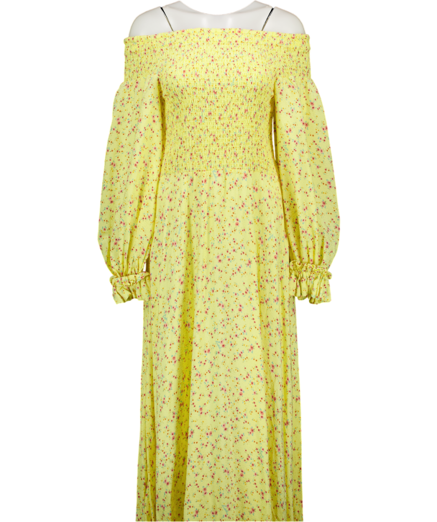 ROTATE BIRGER CHRISTENSEN Lemon Yellow Ditsy Floral Shirred On/ Off The Shoulder Viscose Maxi Dress UK 12