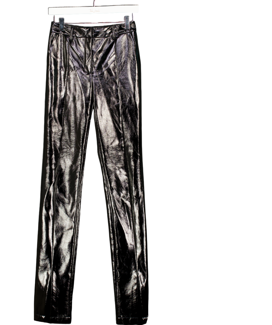 DE LA VALI Black Faux Patent Vegan Leather Ankle Slit Trousers UK 8