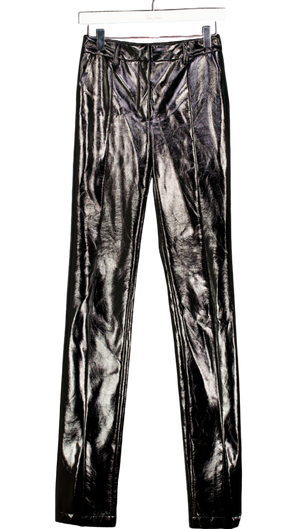 DE LA VALI Black Faux Patent Vegan Leather Ankle Slit Trousers UK 8
