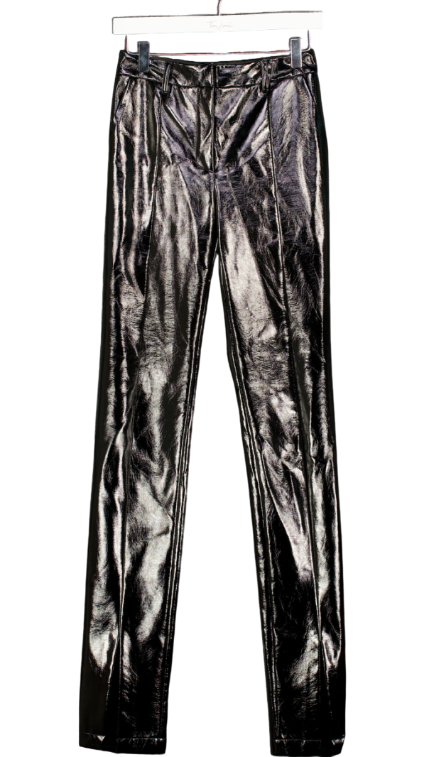 DE LA VALI Black Faux Patent Vegan Leather Ankle Slit Trousers UK 8