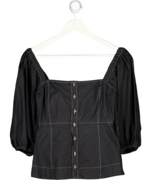GANNI Black Contrast Stitch Puff Sleeve Top UK 6