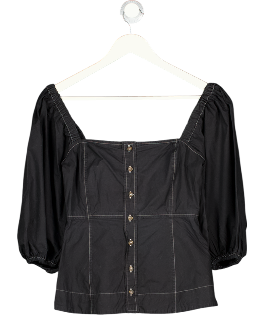 GANNI Black Contrast Stitch Puff Sleeve Top UK 6