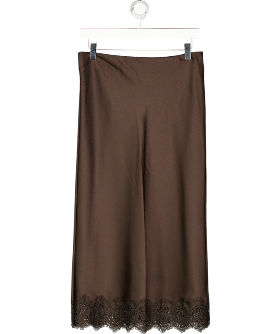 ZARA Brown Satin Lace Trim Midi Skirt UK S