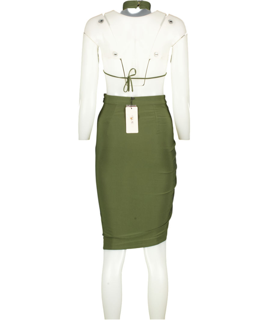 House of CB Green Raquela  Khaki Slinky High Neck Backless Midi Dress UK XS