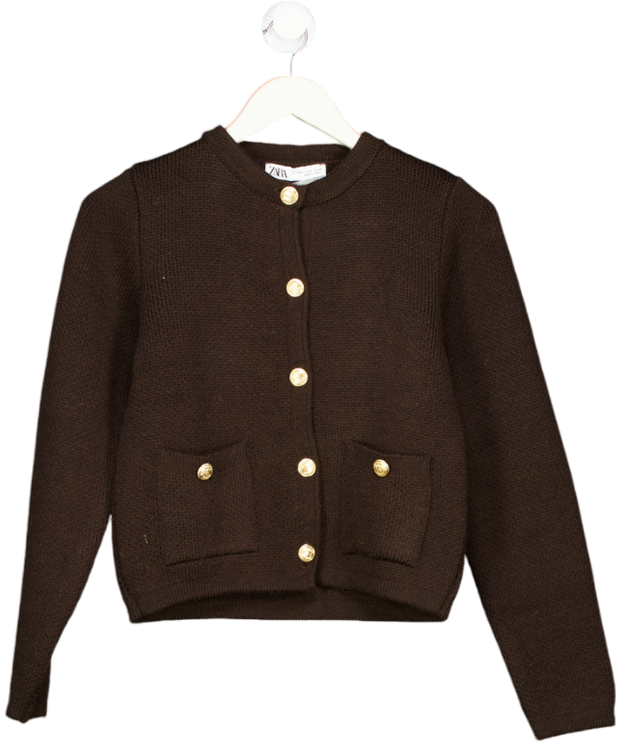 ZARA Chocolate Brown Knit Cardigan With Golden Buttons UK S