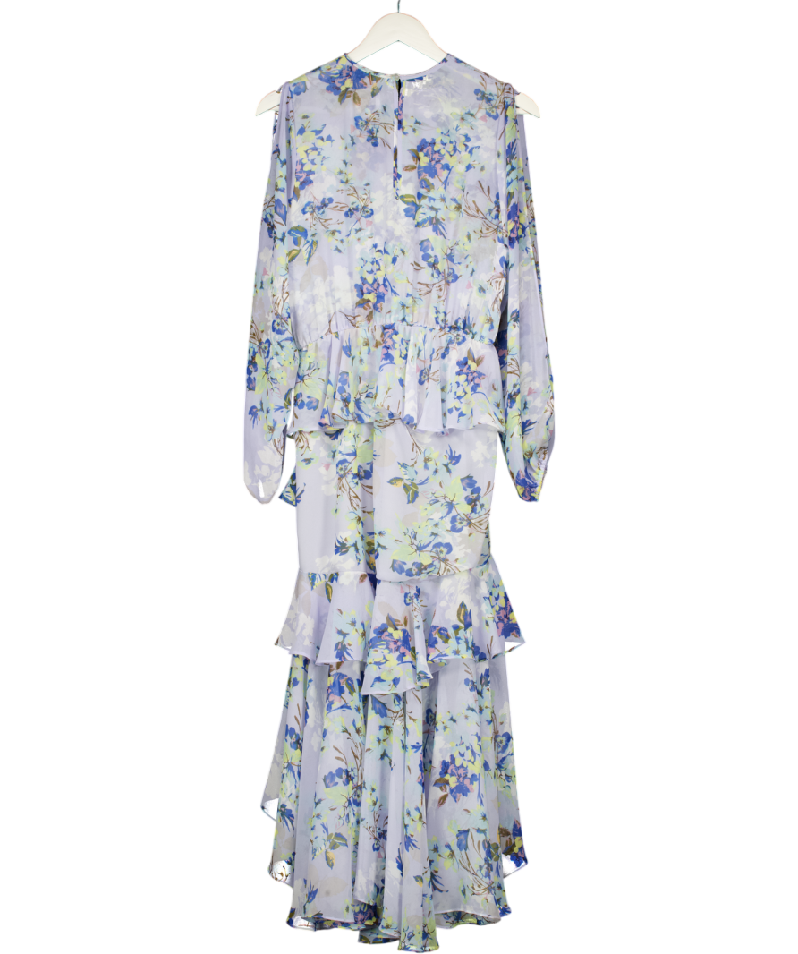 MISA Los Angeles Blue Floral Frill Detail Midi Dress UK M
