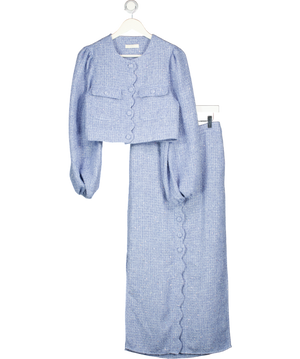 Vita Grace 2-piece Blue Soft Tweed Scallop Detail Jacket & Skirt Set One Size
