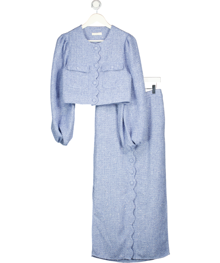 Vita Grace 2-piece Blue Soft Tweed Scallop Detail Jacket & Skirt Set One Size