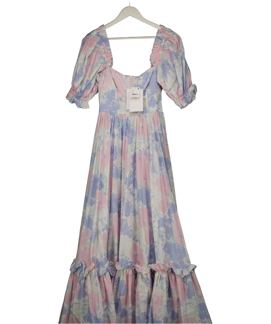 Selkie Baby Blue & Pink Floral Puff Sleeve Maxi Dress UK XS