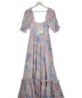 Selkie Baby Blue & Pink Floral Puff Sleeve Maxi Dress UK XS