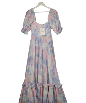 Selkie Baby Blue & Pink Floral Puff Sleeve Maxi Dress UK XS