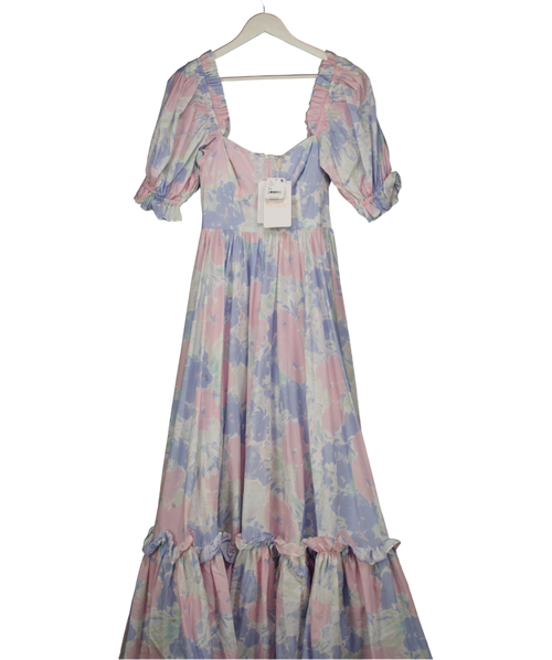 Selkie Baby Blue & Pink Floral Puff Sleeve Maxi Dress UK XS
