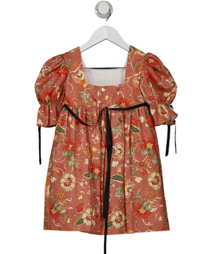 amaia kids Orange Square Neck Floral Puff Sleeve Dress 5 Years