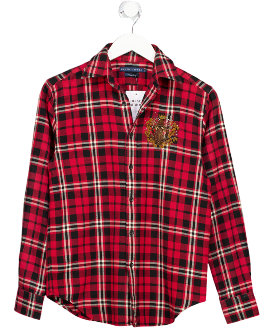 Ralph Lauren Red Embroidered Crest Patch Plaid Classic Fit Cotton Shirt Us6 UK 10