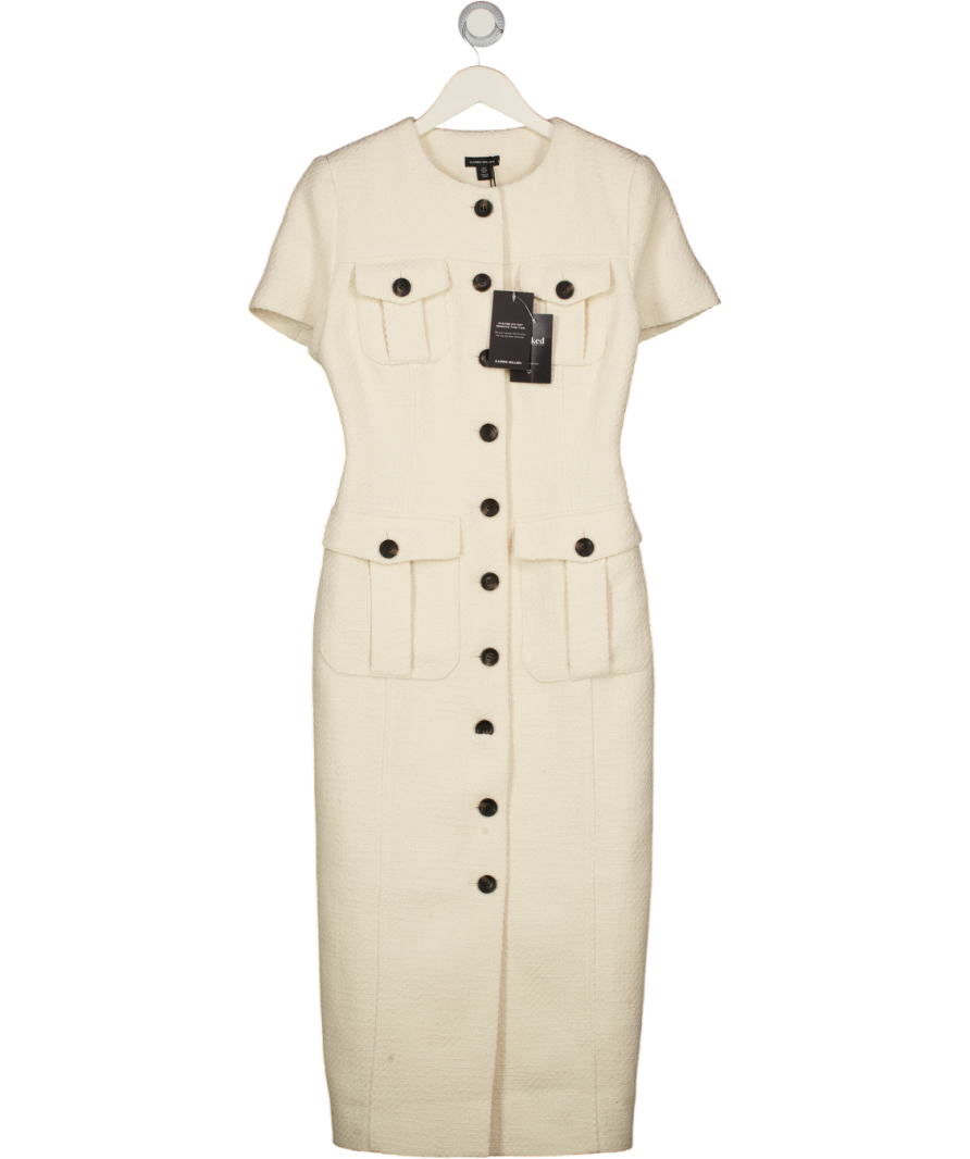 KAREN MILLEN Cream Textured Tweed Tailored Pocket Front Short Sleeve Midi Dress UK 8