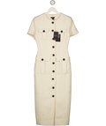 KAREN MILLEN Cream Textured Tweed Tailored Pocket Front Short Sleeve Midi Dress UK 8