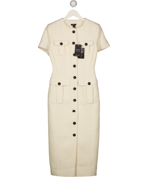 KAREN MILLEN Cream Textured Tweed Tailored Pocket Front Short Sleeve Midi Dress UK 8