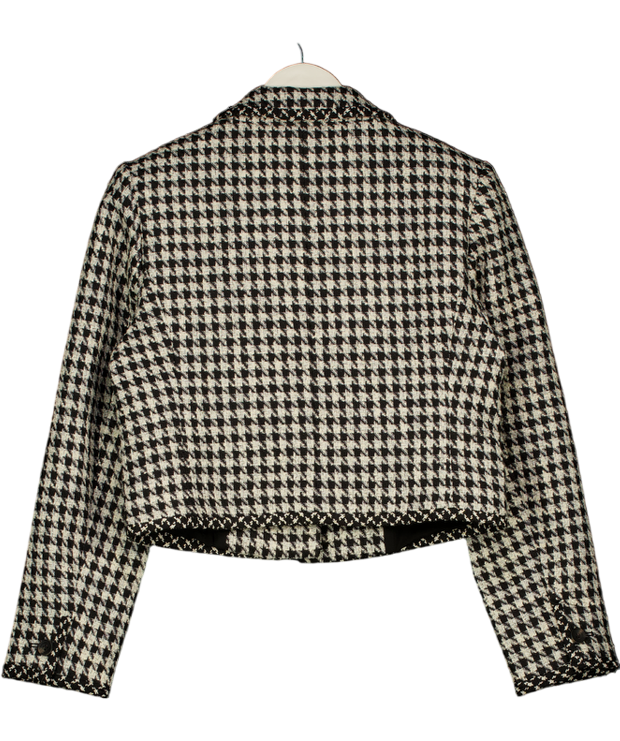 KAREN MILLEN Black / Ivory Houndstooth Tweed Tailored Cropped Jacket UK 10
