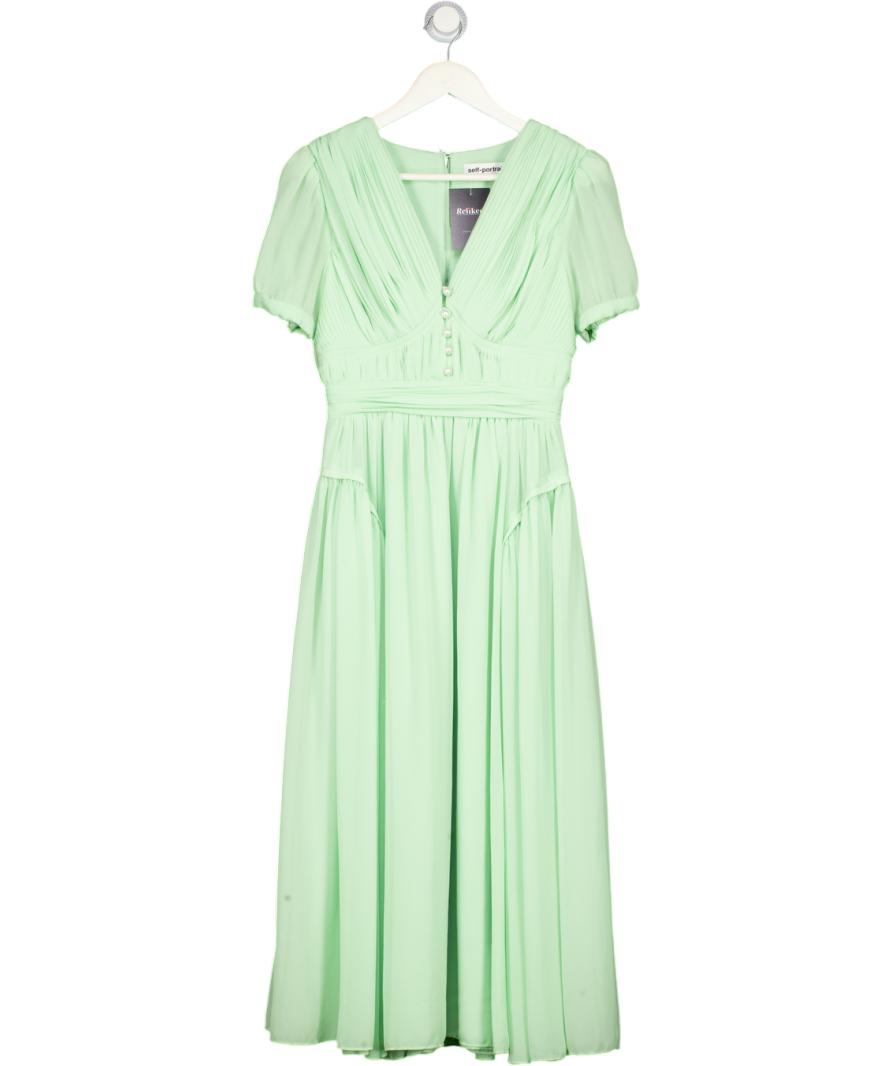 SELF PORTRAIT Green Faux Pearl-embellished Pleated Chiffon Midi Dress UK 8