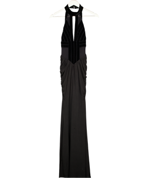 Karen Millen Black Stretch Velvet Taping Detail Mesh Halter Neck Maxi Dress UK XS