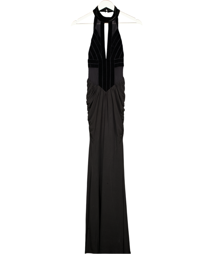 Karen Millen Black Stretch Velvet Taping Detail Mesh Halter Neck Maxi Dress UK XS
