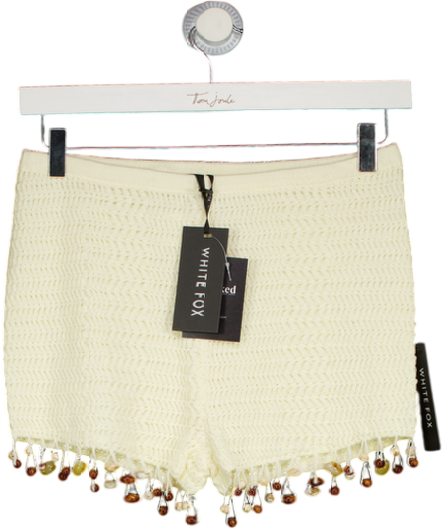 WHITE FOX Cream One More Time Beaded Fringed Crochet Shorts UK M
