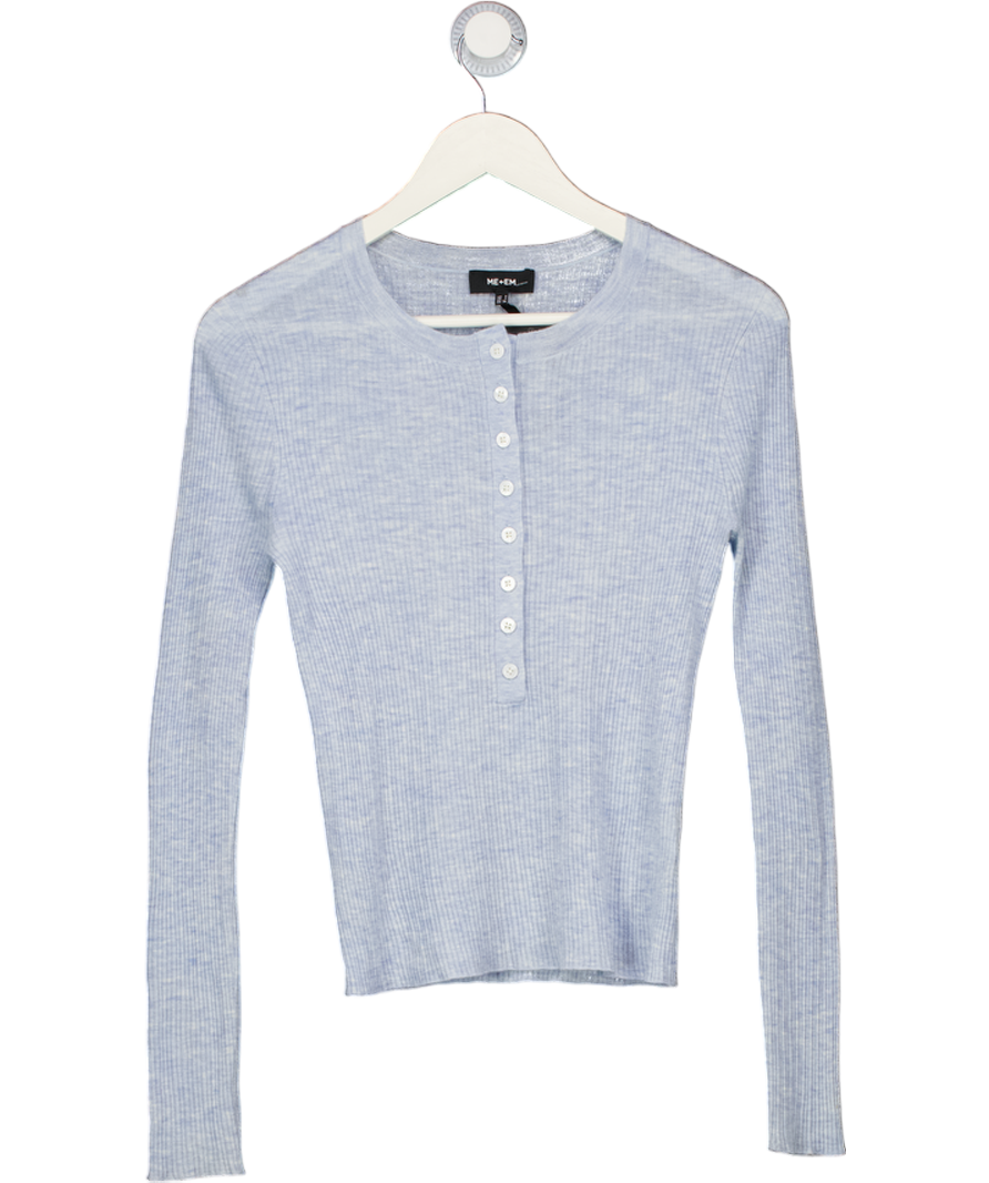 ME + EM Blue Ribbed Long Sleeve Henley T-shirt UK 8