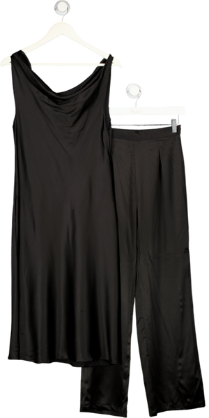 SILKSILKY Black 2-piece 100% Mulberry Silk Sleeveless U-neck Tank Top & Wide Leg Trouserset UK S