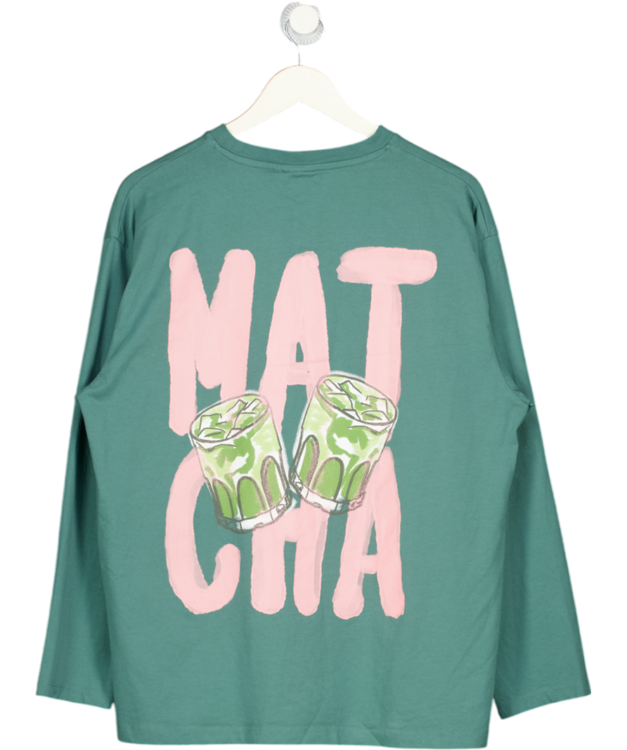 ASOS Grey Design Long Sleeve Skater Tee With Matcha Graphic In Green UK M