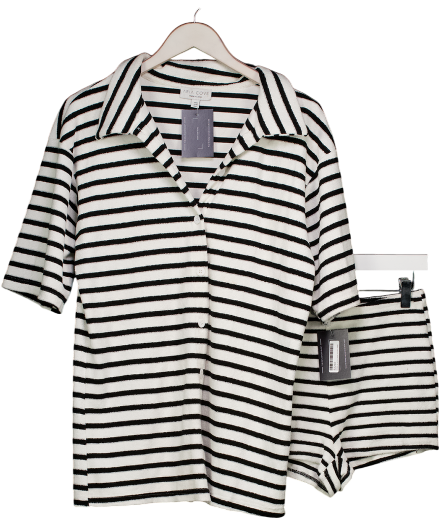 Aria Cove Towelling Oversized Beach Shirt And Short In Black And White Stripe UK 10