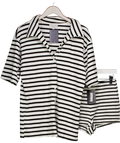 Aria Cove Towelling Oversized Beach Shirt And Short In Black And White Stripe UK 10