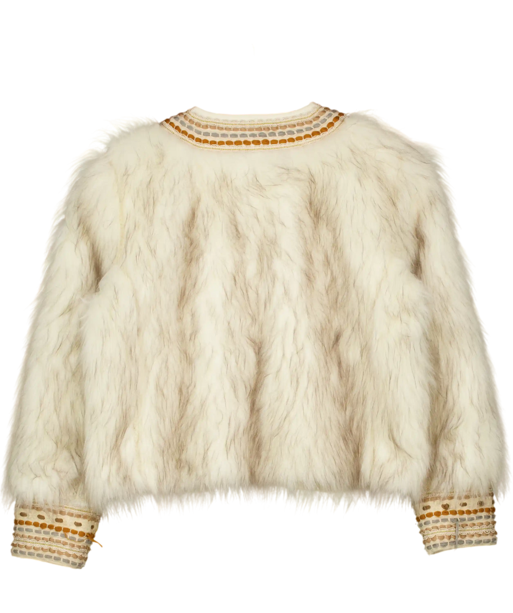 Free People Cream Embroidered Faux Fur Zip Jacket UK S